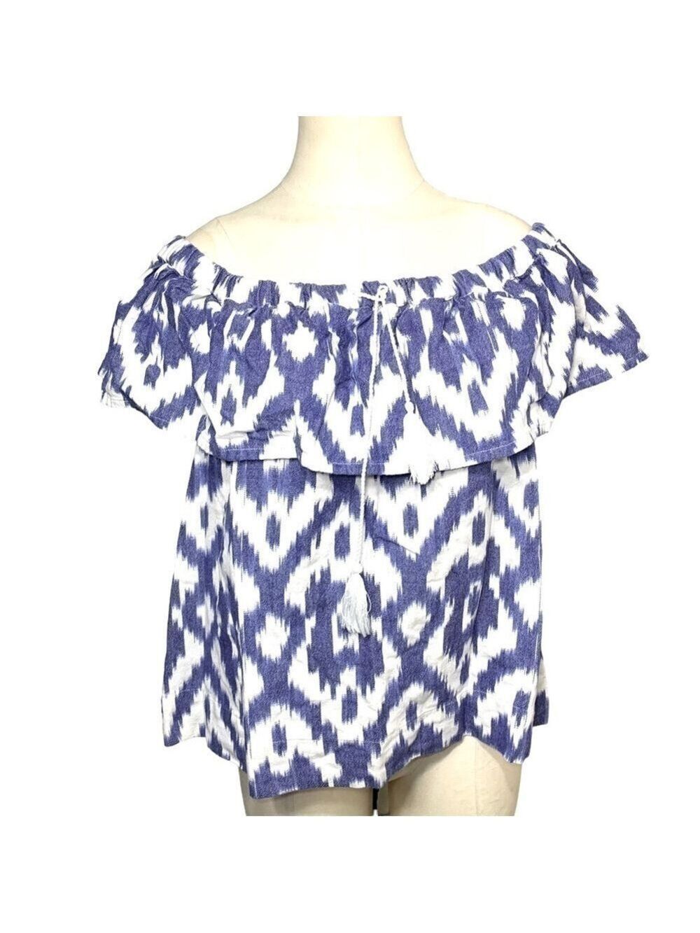 MADEWELL White Blue Southwestern Off Shoulder Top Coastal Pullover Blouse Sz M